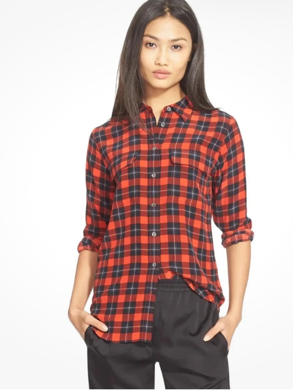 Equipment 100% Silk Red and Black Plaid Button-Down Shirt